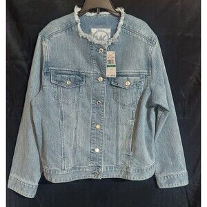 Michael Kors Frayed Denim Jacket Womens Plus Size 0X Jean Sky Haze Wash NWT